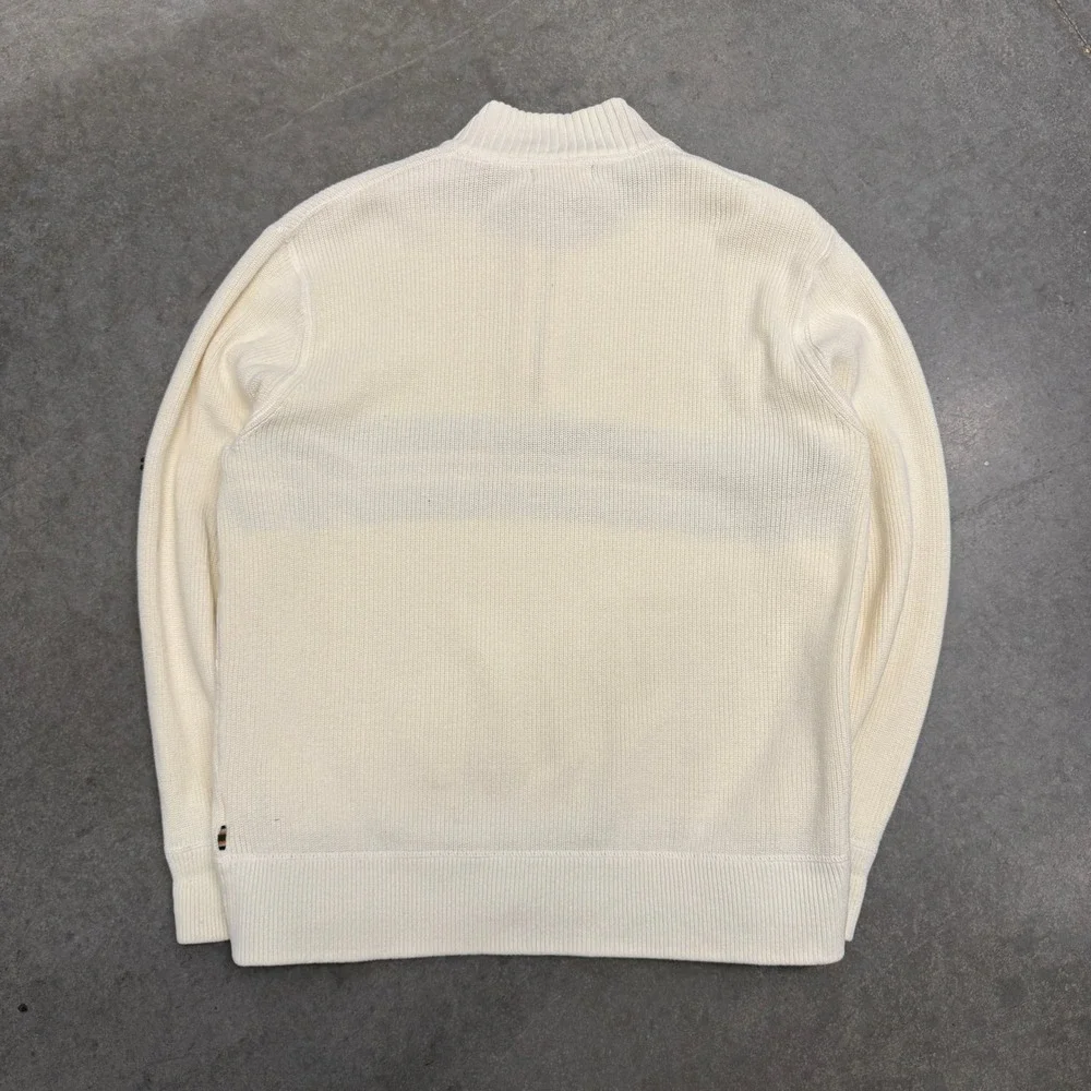 Eddie Bauer Mens Large Cream Striped Quarter Zip 100% Cotton Knit Sweater
